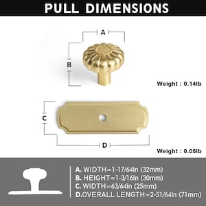 May include: A gold-toned cabinet knob with a fluted, pumpkin-like shape and a textured center, paired with a rectangular backplate. Dimensions: A width of 1-17/64 inches, height of 1-3/16 inches, backplate width of 63/64 inches, and length of 2-51/64 inches.