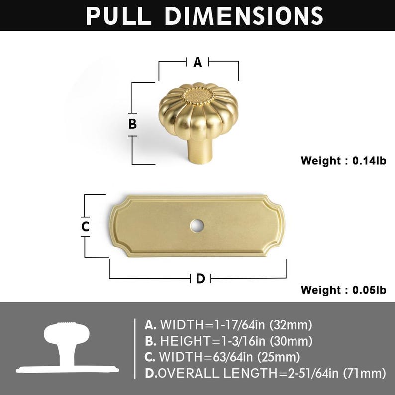 May include: A gold-toned cabinet knob with a fluted, pumpkin-like shape and a textured center, paired with a rectangular backplate. Dimensions: A width of 1-17/64 inches, height of 1-3/16 inches, backplate width of 63/64 inches, and length of 2-51/64 inches.