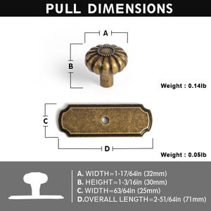 May include: A brass-toned metal cabinet knob with a fluted, pumpkin-like shape and a matching rectangular backplate with rounded edges. The image displays technical dimensions labeled A, B, C, and D, with a width of 1-17/64 inches and height of 1-3/16 inches.
