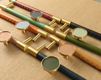 Leather Cabinet Brass Pulls/Brass Handles/ Dresser Knobs handle Cabinet handles Hardware/round Cabinet Dresser Long Pull Hardware