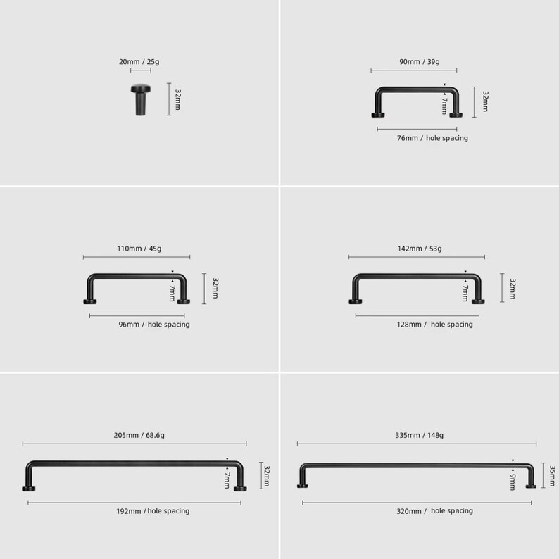 May include: A collection of six black cabinet hardware pieces, including one knob and five pull handles of varying lengths. Each item is displayed with technical specifications, including total length, weight, height, and hole spacing in millimeters.
