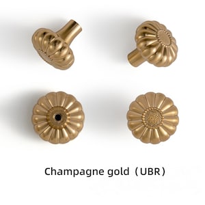May include: Four champagne gold cabinet knobs with a fluted, pumpkin-like shape and a textured center detail. The knobs are shown from multiple angles, including side and top views. The text Champagne gold (UBR) is printed at the bottom.