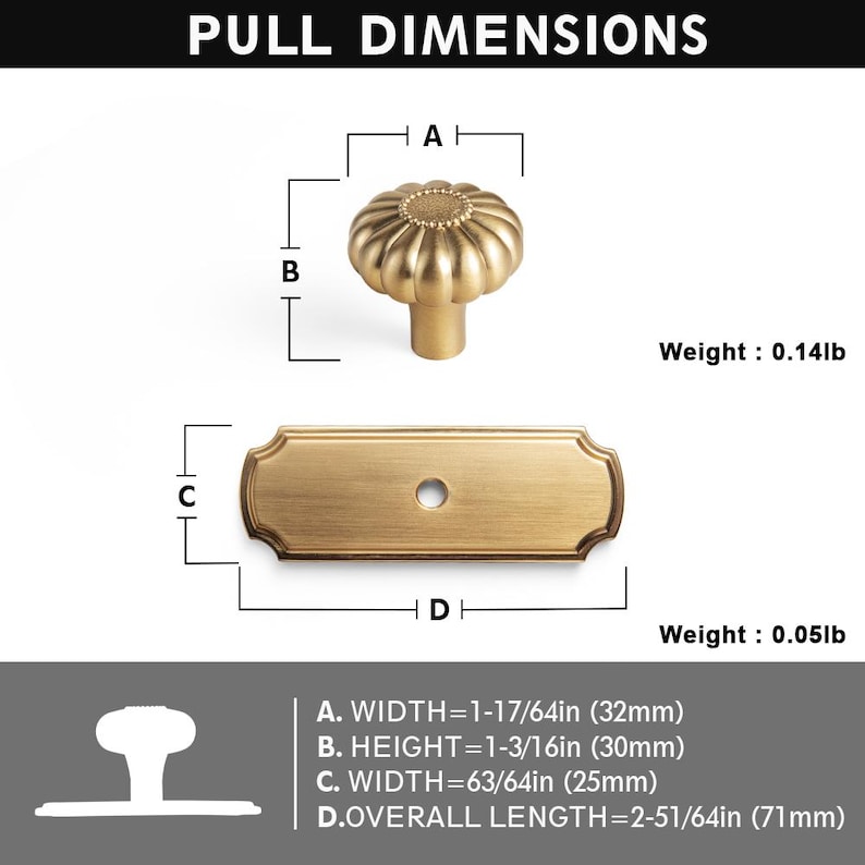 May include: A gold-toned metal cabinet knob with a fluted, pumpkin-like shape and a matching rectangular backplate with rounded corners. The image includes technical diagrams with dimensions: A width of 1-17/64 inches, height of 1-3/16 inches, and length of 2-51/64 inches.
