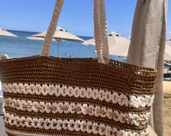 Ręcznie robiona na szydełku torba plażowa z rafii z drewnianymi koralikami, boho, letnia torba na ramię