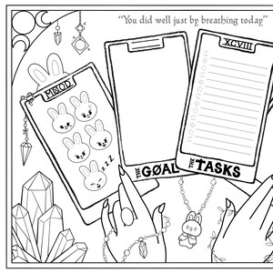May include: Black and white line art of a planner with bunny-themed elements. The planner includes sections for mood tracking, goals, and tasks. The text "You did well just by breathing today" is at the top. The image has a whimsical, artistic style.