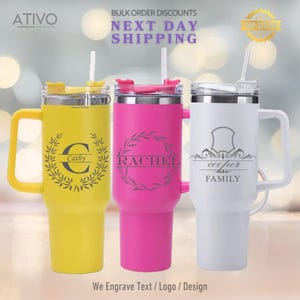 Personalized 40oz Tumbler with Handle & Straw, Laser Engraved Stainless Steel Tumbler, Custom Name Flowers initial Tumbler, Wedding Gift