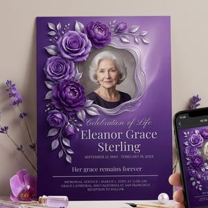 Purple Floral Celebration Of Life Template Elegant Funeral Invitation Memorial Program Editable Obituary Printable image 1