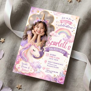 Invitación de cumpleaños de unicornio editable con espacio para foto, plantilla mágica de fiesta arcoíris, acuarela para niñas