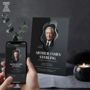 Plantilla de programa funerario masculino moderno: servicio conmemorativo minimalista para celebrar la vida de personas negras. Canva Edit