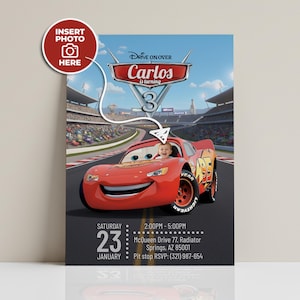 Lightning McQueen Race Track Birthday Invitation, Cars Stadium Invite with Photo, Piston Cup Champion