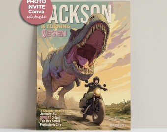 Benutzerdefinierte Foto Dinosaurier-Geburtstags-Einladung, T-Rex jagen Motorrad Gesicht einfügen einladen, personalisierte Jurassic Party