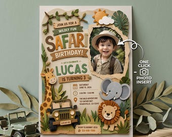 Bearbeitbare Safari Geburtstagseinladung Foto Einfügen 3D Papercraft Dschungeltier Wild Party Vorlage