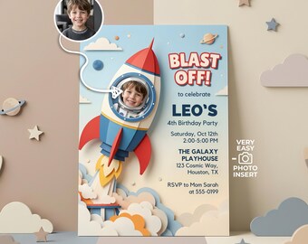 Space Birthday Invitation Template Editable Rocket Ship Photo Invite 3D Papercraft Galaxy Download