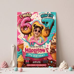 May include: A rectangular birthday invitation card featuring a photo of a child wearing pink sunglasses. The text reads I WAS 6 NOW I'M 7, YOU'RE INVITED TO MADDISON'S 7TH BIRTHDAY, DECEMBER 23, 2:00 PM, ICE CREAM PARLOR, 123 SWEET STREET, ANYCITY, NA 12345.