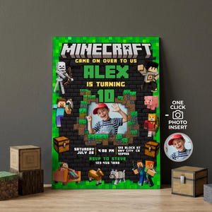 May include: A Minecraft-themed birthday party invitation featuring the name "ALEX" and the number "10" in green. The invitation includes a photo insert and details such as the date, time, and location. The design incorporates pixelated graphics and characters from the popular video game.
