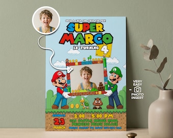Super Mario Birthday Photo Invitation, Mario and Luigi Frame Invite, Personalized Bday Template