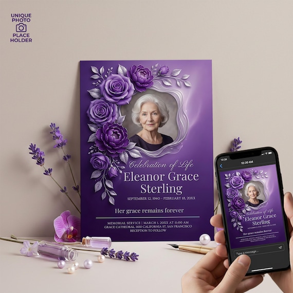 Purple Floral Celebration Of Life Template Elegant Funeral Invitation Memorial Program Editable Obituary Printable