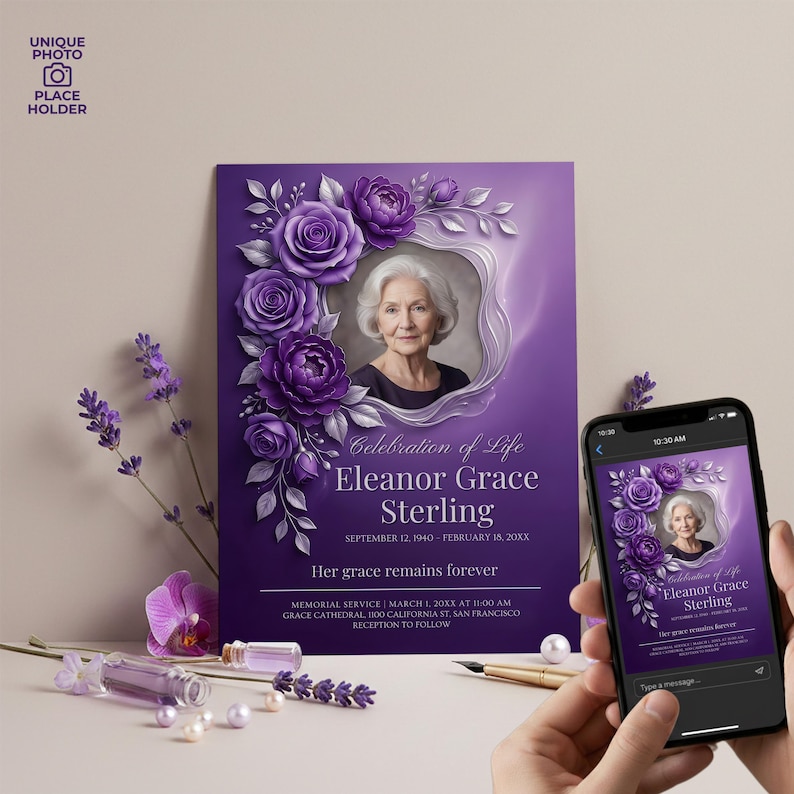 Purple Floral Celebration Of Life Template Elegant Funeral Invitation Memorial Program Editable Obituary Printable image 1