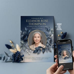 Peut inclure: Une carte commémorative avec un portrait d'Eleanor Rose Thompson, entourée de motifs floraux bleus. La carte comprend des dates, un message commémoratif et les détails des funérailles. Un smartphone affiche le même design.