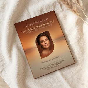 Elegante plantilla de invitación conmemorativa al atardecer, programa funerario para celebrar la vida, tarjeta con foto descargable digital