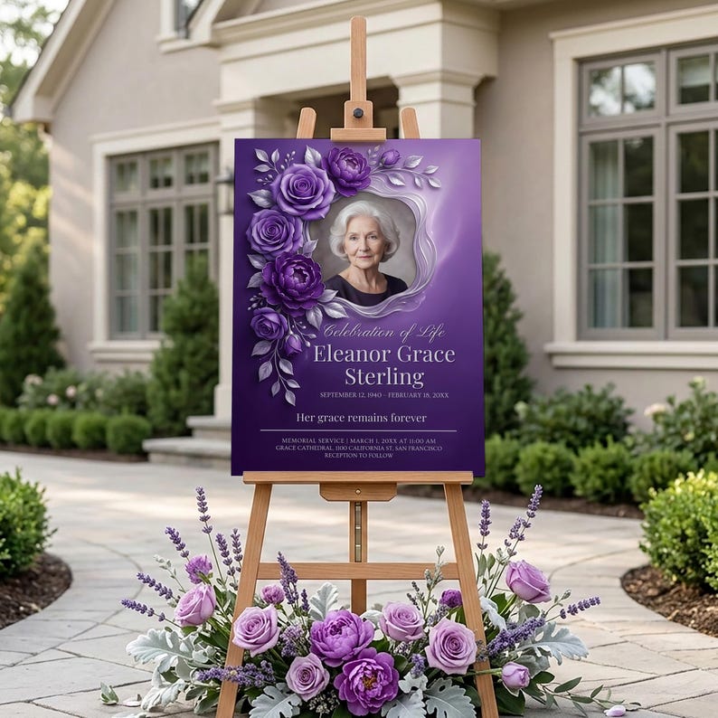 May include: A memorial sign on a wooden easel, featuring a portrait of a woman surrounded by purple roses. The sign reads "Celebration of Life Eleanor Grace Sterling" with dates and the phrase "Her grace remains forever."