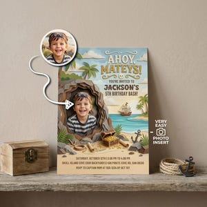 Layered 3D Papercraft Piraten-Geburtstagseinladung Bearbeitbares Foto-Einsatz Ahoi Mateys Jungen einladen