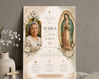 Vintage katholische Traueranzeige, Canva-Vorlage für eine Gedenkeinladung zu Ehren Unserer Lieben Frau von Guadalupe