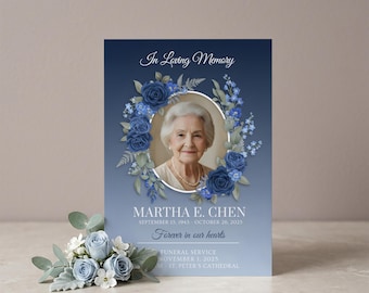 Editable Navy Blue Rose Floral Funeral Program Template, Memorial Service Announcement, Celebration of Life