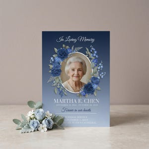 Editable Navy Blue Rose Floral Funeral Program Template, Memorial Service Announcement, Celebration of Life