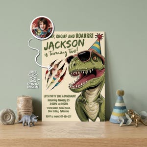 Underbite T-Rex Dinosaur Birthday Invitation with Photo, Twoasaurus Bday Invite, Stomp Chomp Roar Celebration,