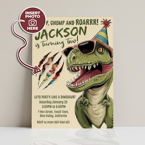 Invitación de cumpleaños de dinosaurio T-Rex con mordida inferior con foto, invitación de cumpleaños de Twoasaurus, celebración de Stomp Chomp Roar,