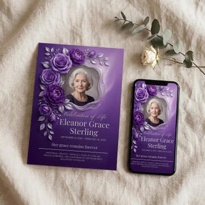 May include: A purple memorial card and a smartphone display a portrait of a woman surrounded by purple roses. The card and phone screen feature the text "Celebration of Life Eleanor Grace Sterling" and memorial details.