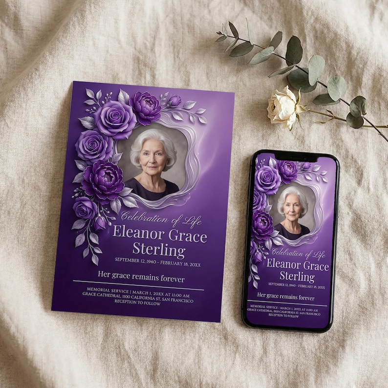 May include: A purple memorial card and a smartphone display a portrait of a woman surrounded by purple roses. The card and phone screen feature the text "Celebration of Life Eleanor Grace Sterling" and memorial details.