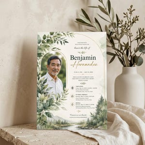 Watercolor Greenery Funeral Program with Photo, Memorial Invite Celebration of Life Invitation Template