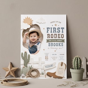 May include: A white invitation card featuring a photo of a child in a cowboy hat and denim overalls. Text reads: SADDLE UP FOR FIRST RODEO, OUR LITTLE COWBOY BROOKS is turning one! Includes event details for June 21, 2026, at 123 Rodeo Rd, Austin, TX.