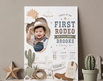 Vorlage für eine bearbeitbare Einladung zum ersten Rodeo-Geburtstag, Foto-Einfügung für Jungen, Cowboy-Digital