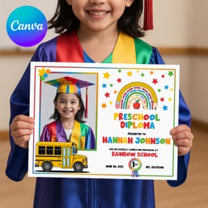 Bearbeitbare Regenbogen-Vorschul-Abschluss-Diplomvorlage, Canva-Zertifikat, Pre-K-Andenken, druckbar, sofortiger Download