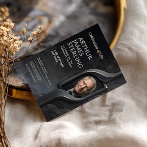 Modern mannelijk begrafenisaankondigingsprogramma, luxe zwartmarmeren herdenkingsuitnodiging met foto