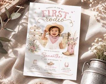 Erste Rodeo Geburtstagseinladung Foto-Einsatz, Rosa Cowgirl 1st Bday Digitale Vorlage