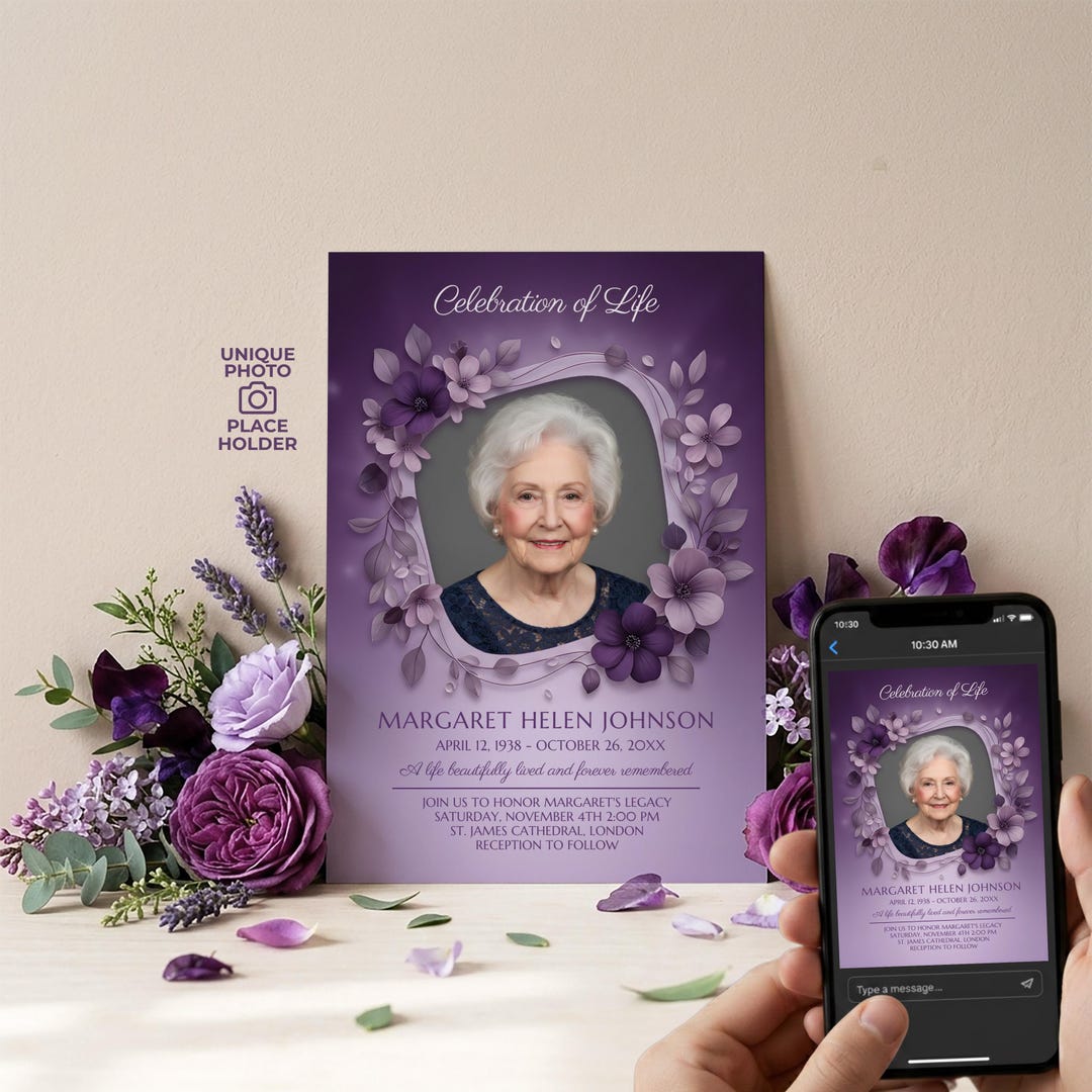 Purple Floral Celebration of Life Invitation Template, Elegant Funeral ...