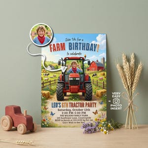 Convite de aniversário com tema de fazenda, convite para festa com trator vermelho para menino, modelo editável para imprimir com animais da fazenda.