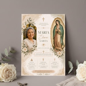 May include: A memorial announcement featuring a portrait of Maria Elena Garcia, with floral and religious imagery. The design includes a portrait, a depiction of the Virgin Mary, and details of the visitation, funeral mass, and committal.