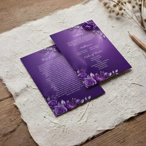 May include: Two purple funeral programs with floral accents. The programs feature text including "Obituary", "Story of Life", and "Order of Service". The design includes purple roses and decorative leaves.