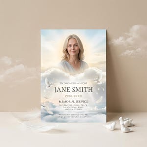 Hemelse wolk herdenkingsdienst uitnodiging viering van het leven gezicht invoegen fotosjabloon digitale download