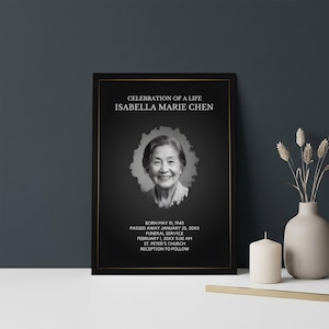 Plantilla minimalista y elegante para invitación a funeral en tonos oscuros. Programa de servicio conmemorativo. Descarga digital de fotos mediante la función de arrastrar y soltar.