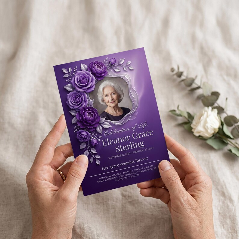 May include: A purple memorial card with a photo of an elderly woman, surrounded by purple roses and leaves. The card reads "Celebration of Life Eleanor Grace Sterling" with memorial service details.