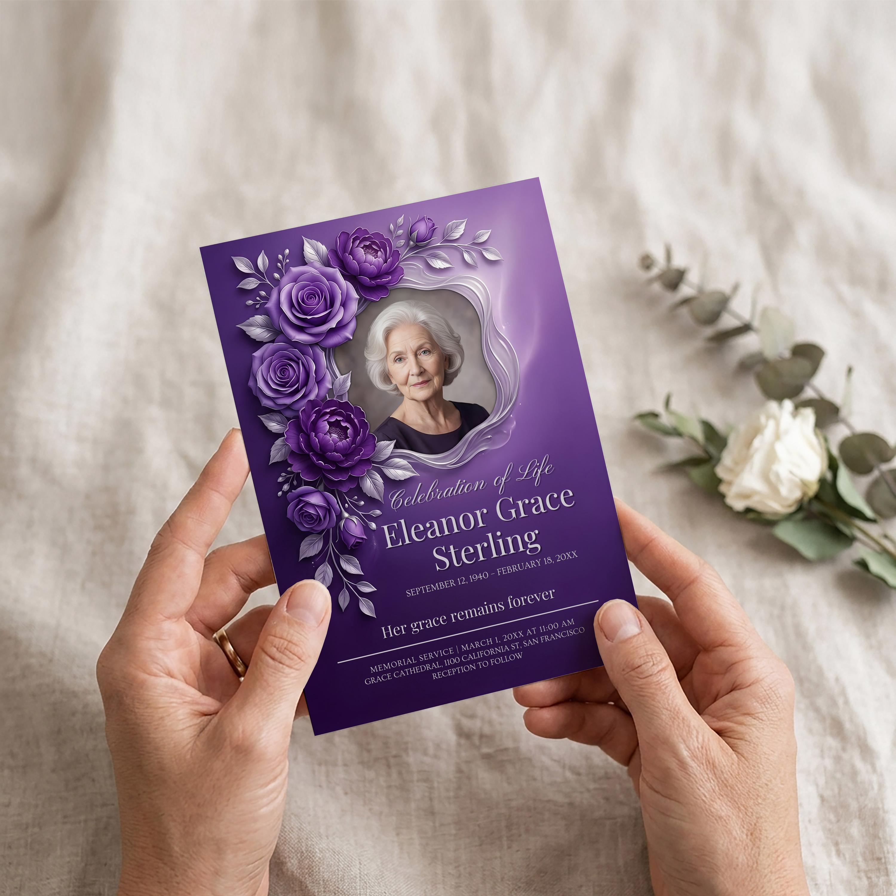 Purple Floral Celebration of Life Template Elegant Funeral Invitation ...