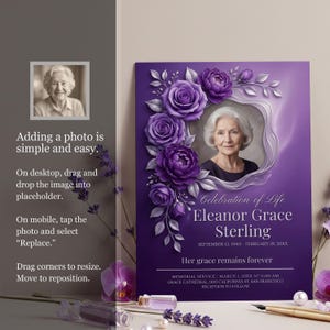 May include: A purple memorial card with a photo of an elderly woman, surrounded by purple roses and leaves. Text includes "Celebration of Life," the name "Eleanor Grace Sterling," and service details. Instructions for adding a photo are on the left.