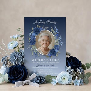 Editable Navy Blue Rose Floral Funeral Program Template, Memorial Service Announcement, Celebration of Life
