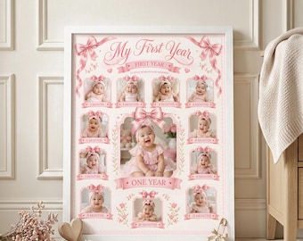 Fotocollage zum ersten Lebensjahr, rosa Schleife, Meilensteinposter für Babys, Vorlage für monatliche Bilder